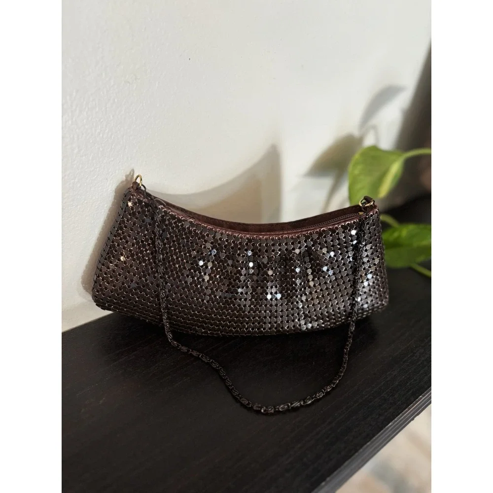 Vintage-style Clutch Mini Shoulder Bag Metallic Chainmail Mesh Y2K Copper Brown